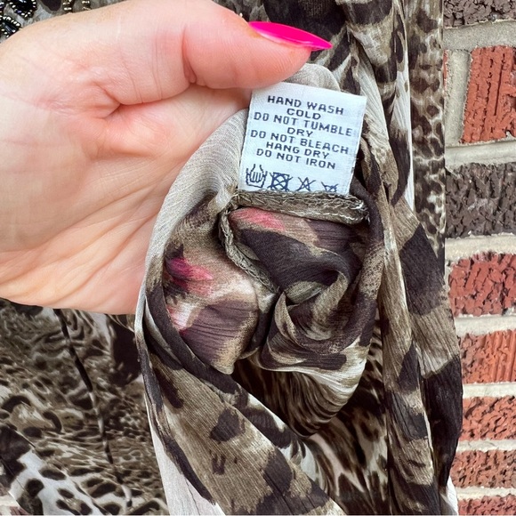 Rhona Sutton Brown and Cream Sequin Beaded Tassel Cheetah Print Chiffon Cover Up - Picture 3 of 6